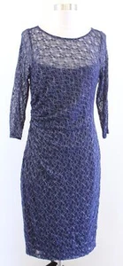 David Meister Navy Blue Metallic Lace Ruched 3/4 Sleeve Sheath Dress Cocktail 8 - Picture 1 of 6