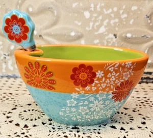 Daisy Floral Flowers Ceramic Dip Bowl w/ Ceramic Handled Spreading Knife - Picture 1 of 9