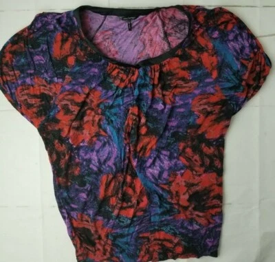 Womens Small Daisy Fuentes Multicolor Floral Top Shirt T Cap Sleeve FAST  B3-1 - Image 1 of 4