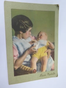 1941 Vintage Italian Buon Natale Christmas Postcard - Girl with Play Baby - Picture 1 of 6