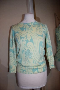 Boden Paisley Button Back Jumper Teal Jade Yellow Wool Thin Knit Summer 10 MINT - Picture 1 of 14