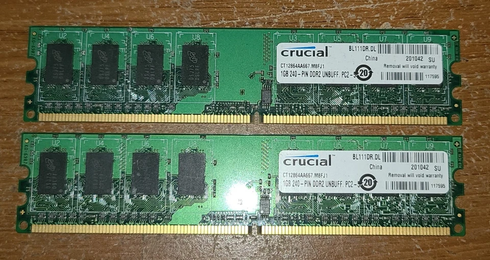 2GB 2x1GB PC2-5300 DDR2-667 CRUCIAL CT12864AA667.M8FJ1 MEMORY KIT PC2-5 - Image 1 of 2