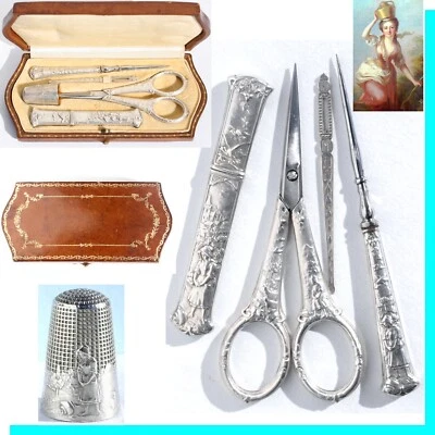 Fable de La Fontaine nécessaire de couture brodeuse ancien ARGENT Ciseaux Coudre - Photo 1/4