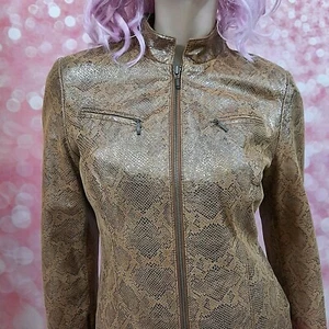 Y2K  Metallic Snake Print Leather Moto Jacket Womens Size M Tan Beige - Picture 1 of 13