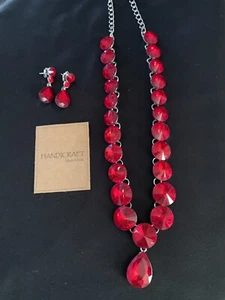 simulated handemand ruby crystal drop necklace with earrings NWOT - Picture 1 of 4
