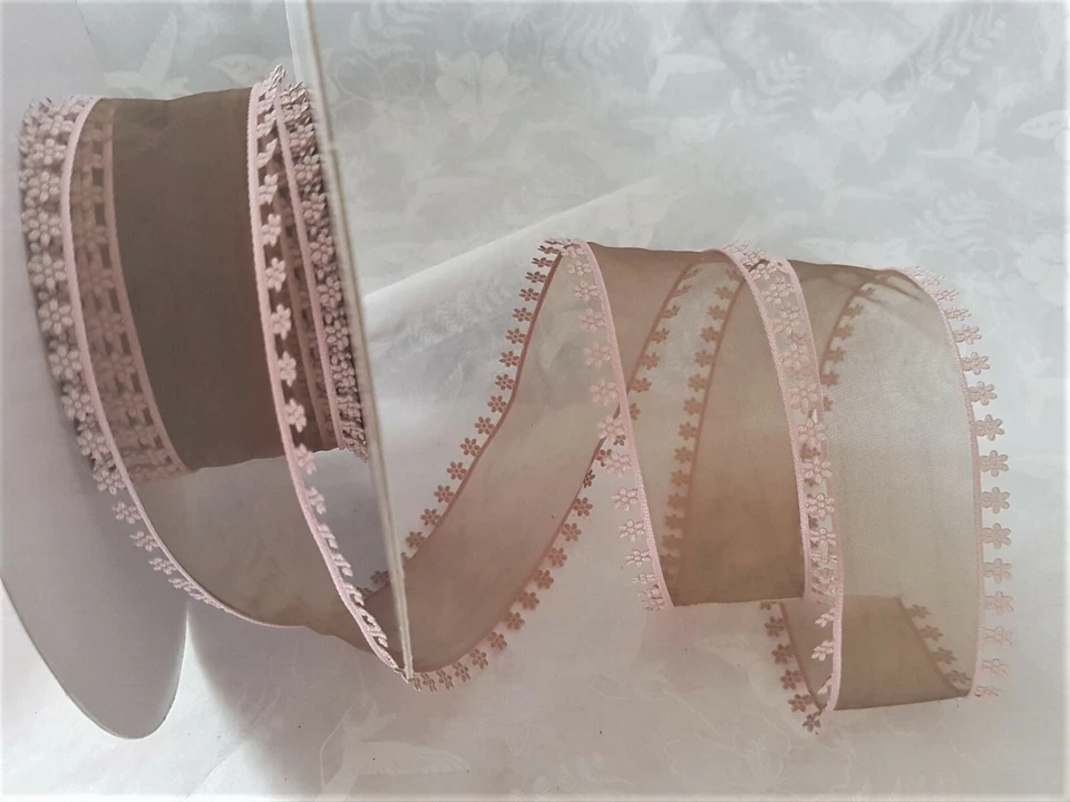 HAZY DAISY mink sheer organza & pale pink flowery edge - Luxury Wire Edge Ribbon - Image 1 of 1