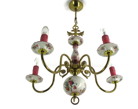 Chandelier 5 Arm Lights Brass Porcelain Flowers Italian Italy Fixture Lamp Cover