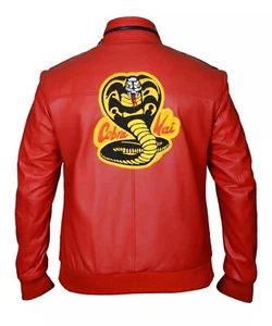 Johnny Lawrence Cobra Kai Jacket, Red Leather Bomber Karate Kid Style Coat - Picture 1 of 4