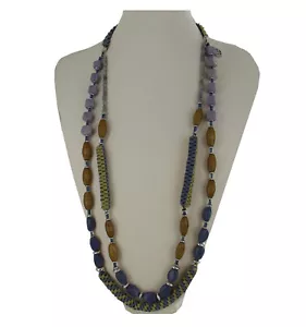 Ben Amun Signed Olive Green Purple Cord Beaded Layered Necklace 46" - Picture 1 of 5