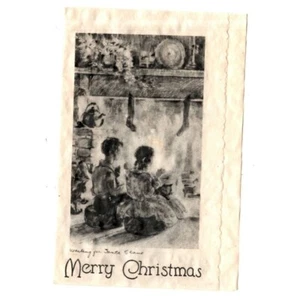 Biglietto di Natale Aspettando Babbo Natale Illustrazione Due Bambini Camino - Foto 1 di 3