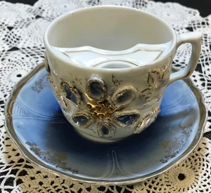 VINTAGE MUSTACHE CUP / MUG WITH SAUCER RAISED FLOWERS BLUE UNIQUE PORCELIAN - Picture 1 of 2