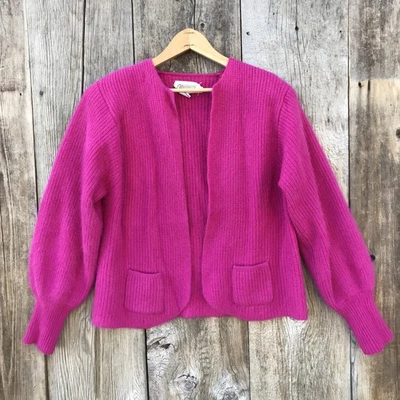 Cárdigan Suéter De Colección Años 80 Magenta Angora y Lana de Cordero Frente Abierto Pequeño-Mediano Foto 1 de 4