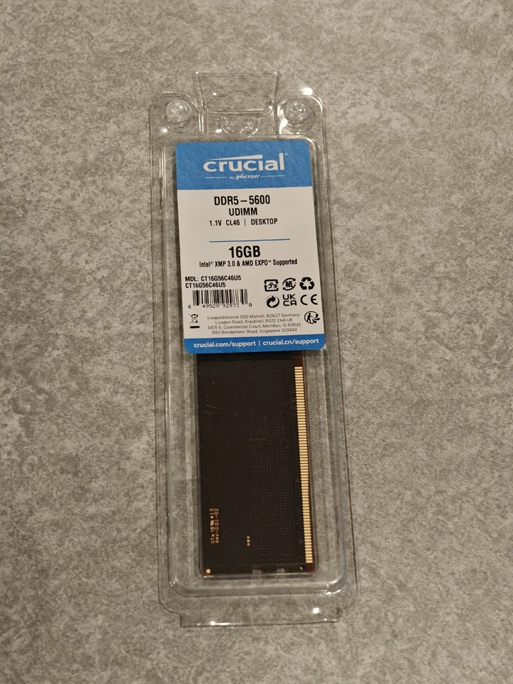 NEW Crucial 16GB DDR5 RAM 5600MHz 288-Pin Desktop Memory 5600 UDIMM CT16G56C46U5 - Image 1 of 1