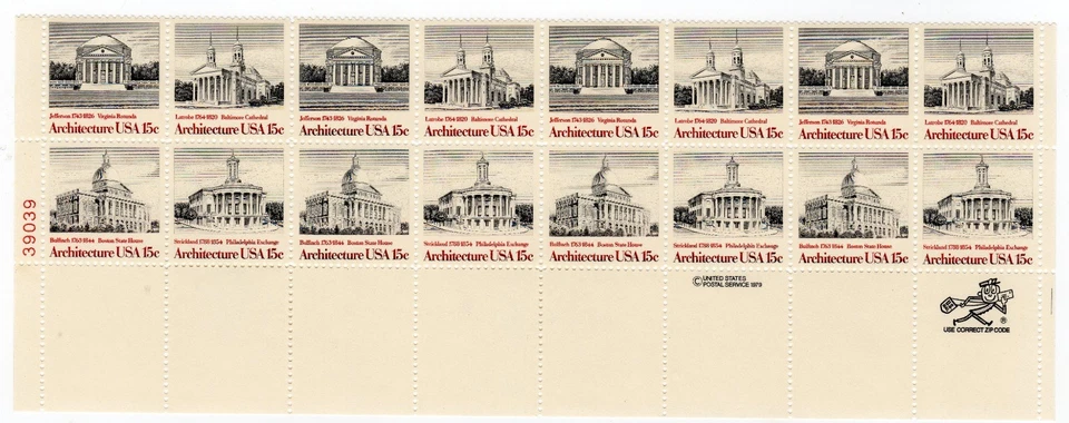 Scott #1782a (1779-82) Architecture Plate Block Of 16 Stamps - MNH P#39039 LL - Image 1 of 1