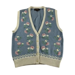 Vintage 90s Eddie Bauer Cotton Knit Cardigan Sweater Vest Floral Size Medium - Picture 1 of 7