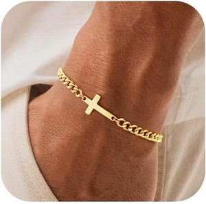 Bracciale uomo croce in acciaio inox, argento/oro 14 carati placcato croce catena brace - Foto 1 di 7