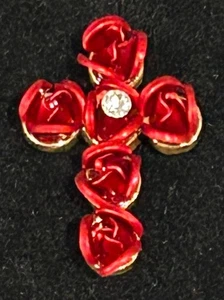 VTG Red Rose Bud Cross Brooch Pin Rhinestone Flower Gold Tone Back Abbey Press - Picture 1 of 9