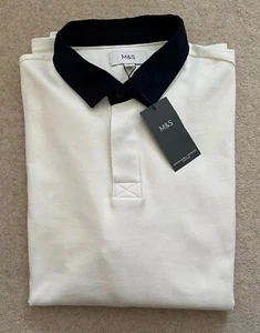 MARKS & SPENCER MENS WHITE NAVY COLLAR LONG SLEEVE RUGBY POLO SHIRT Size XL LONG - Picture 1 of 10