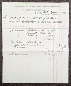 1908 Thornborrow & Co. Auctioneers St. Andrew's Churchyard Penrith Invoice - Picture 1 of 1