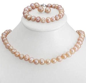 8-9mm Natural Akoya Cultured Pearl Beads Knot Necklace + Bracelet + Earrings Set - Picture 1 of 6