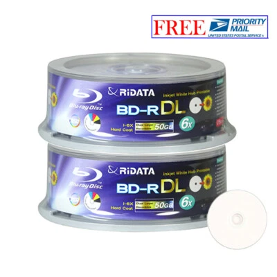 50 Pack Ridata Blu-ray BD-R DL Dual Layer 6X 50GB White Inkjet Printable Disc - Image 1 of 3