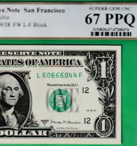 $1 Federal Reserve note FANCY Serial Numbers 60666044 San Francisco PCGS 67 - Picture 1 of 3