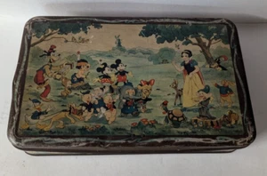 Scatola di latta biscotti Walt Disney Biancaneve e Disney Friends Belgio anni '30 12,5"x8 - Foto 1 di 13