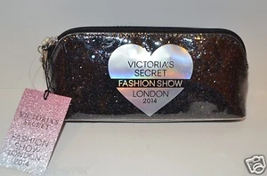 VICTORIAS SECRET BLACK GLITTER HEART MAKEUP COSMETIC CASE BAG FASHION SHOW 2014