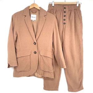 Madewell Larsen Blazer Pants Suit Cotton Linen Size XS Relaxed in Faded Earth - Picture 1 of 21