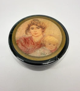 Vtg Edna Hibel green Marble Trinket Box lidded Mother & Child Art - Picture 1 of 6