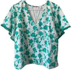 ISAAC MIZRAHI LIVE NWOT Printed Eyelet Top with Ruffle Sleeves Green Size XL - Picture 1 of 5