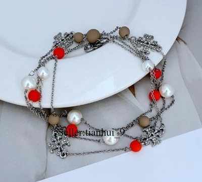 ¡Nuevo! Collar Largo Tory Kira Plata Y Perla Y Rojo Bizu con Bolsa 98Cm Foto 1 de 3