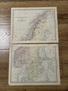 Antique 1889 (2 Piece) Map Of Sweden & Norway 14”x11” Each - Picture 1 of 6