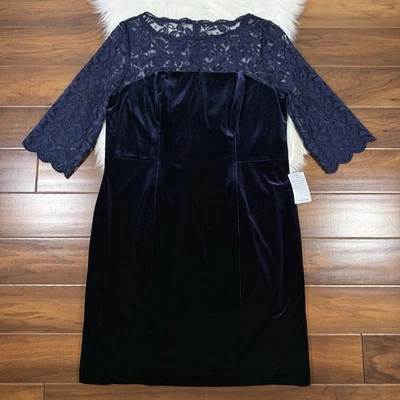 Eliza J Women's Size 18 W Navy Blue Lace & Velvet Sheath Dress - Image 1 of 4
