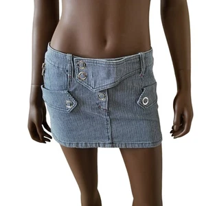 VTG LIP SERVICE Greaser Seduction Pinstripe Snap Fly Denim Mini Skirt Lg Blue - Picture 1 of 24
