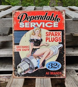 DEPENDABLE SERVICE Spark Plug Vintage Pin Up Girl METAL SIGN toolbox mechanic - Picture 1 of 5