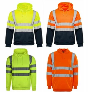 Hi Viz Vis High Visibility Jacket Pullover Hoodie Work Hooded Fleece Sweatshirt - Picture 1 of 7