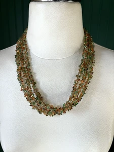 Handmade 3 strand glass nugget beaded necklace mixed tones in green/amber N7 - Picture 1 of 6
