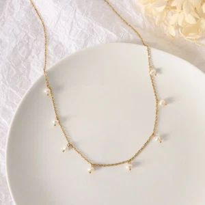 Woman 18K Gold Plated Natural Freshwater Pearl Beads Necklace Chain 17.7'' - Picture 1 of 4