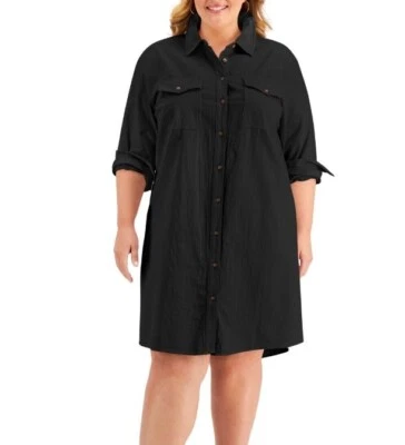 Style & Co Womens Size Medium Cotton Utility Shirt Dress Black Pockets Button - Image 1 of 4