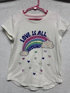 Girls White Rainbow Graphic T-Shirt “Love Is All Around” Hearts Glitter Size 7-8 - Picture 1 of 8