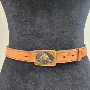 Looper Brown Leather Belt Horse Head Brass Buckle Youth 1-in Wide Size 28 Cowboy - Picture 1 of 11