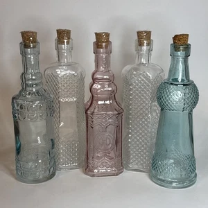 Vtg Style Set Of 5 Bottles W/Cork Lids Clear Blue Pink 7” Tall - Picture 1 of 9