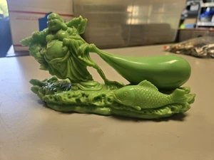 Big Fat Happy Laughing Buddha GREEN JADE or RESIN w/ fish and large sack! - Picture 1 of 9