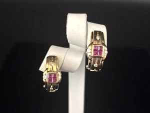 Beautiful 14k Solid Yellow Gold Ruby & Diamond Omega Back Earrings 7.1 grams - Picture 1 of 9