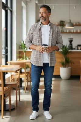 Camisa Peter Millar Para Hombre Talla Mediana Marrón Pata de Gallo Manga Larga Con Botones Foto 1 de 4