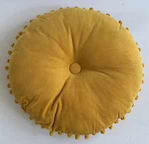 VTG Mustard Gold Yellow Velvet Tufted Round Pillow PomPom Trim Center Button 14” - Picture 1 of 9