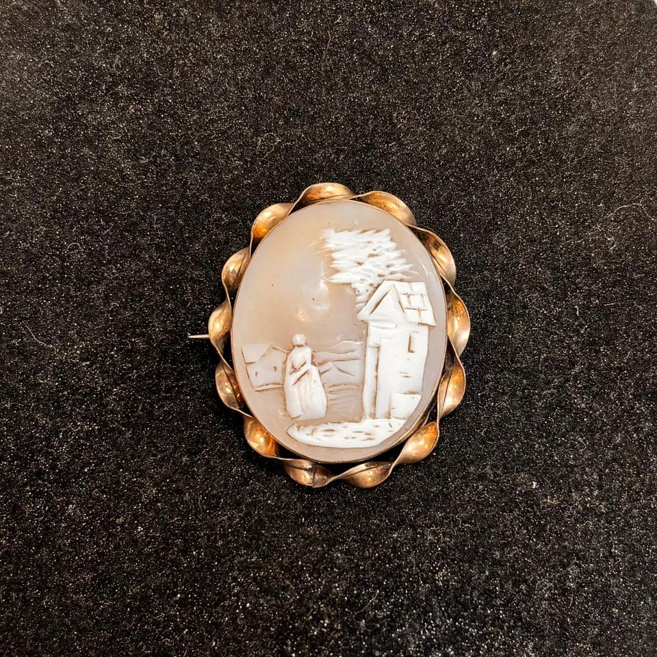 CAMEO antique homestead scene brooch twisted brass frame gray DAMAGE broken weld - Image 1 of 4