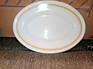PYREX Small Serving Dish, White with Double Brown Stripes - Picture 1 of 2