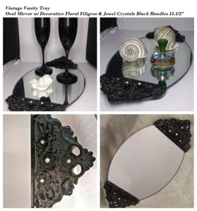 vintage vanity tray oval mirror decorative floral filigree jewel crystals Handle - Picture 1 of 12